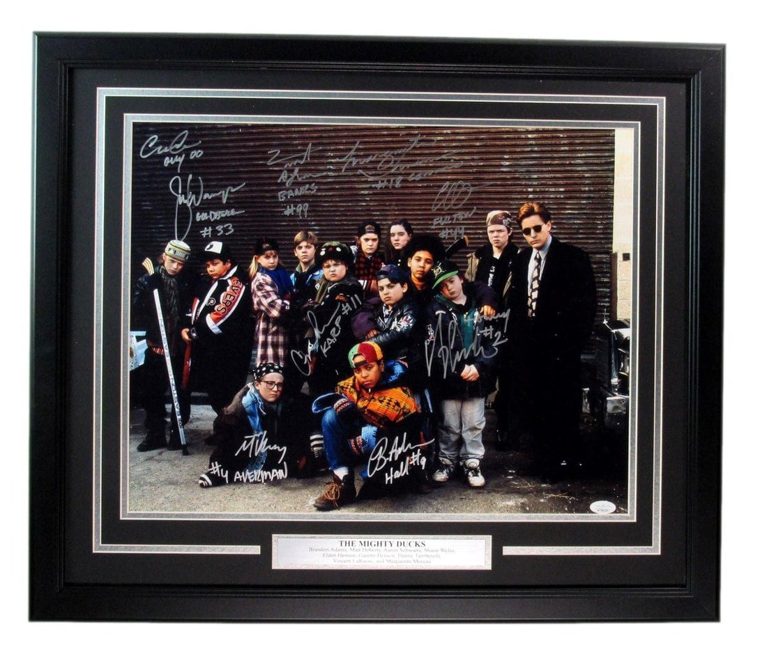 Framed 16x20 Photo Signed by 9 Cast Members from The Mighty Ducks JSA: Framed 16x20 Photo Signed by 9 Cast Members from The Mighty Ducks JSA This is an original 16x20 framed photo from "The Mighty Ducks," autographed by 9 individuals associated with the production. The p
