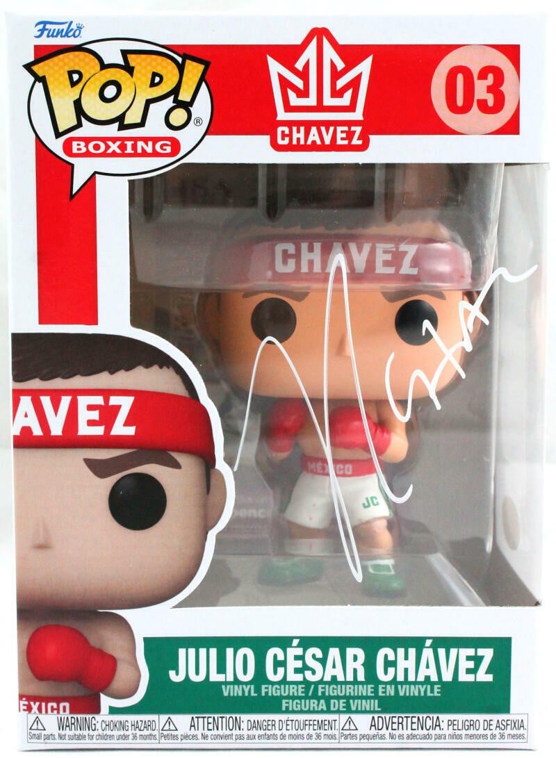 Autographed Julio Cesar Chavez Funko Pop Vinyl Figure 03 with JSA Authentication: Autographed Julio Cesar Chavez Funko Pop Vinyl Figure 03 with JSA Authentication This is a pre-owned Funko Pop! Pez vinyl figure featuring Julio Cesar Chavez. The figurine is autographed and comes wit