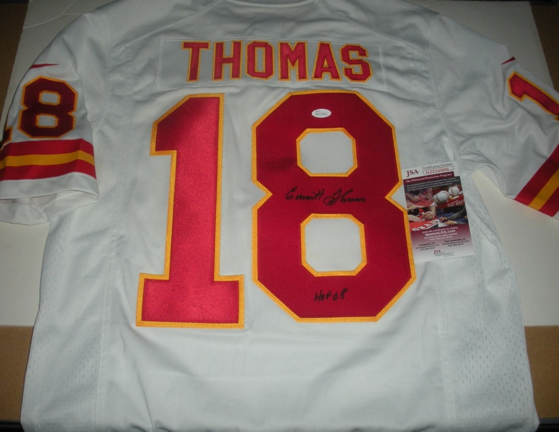 Nike Kansas City Chiefs Jersey Signed by Emmitt Thomas with JSA COA: Nike Kansas City Chiefs Jersey Signed by Emmitt Thomas with JSA COA This is a pre-owned, officially licensed Nike Kansas City Chiefs jersey signed by Emmitt Thomas. The jersey comes with JSA/COA authe