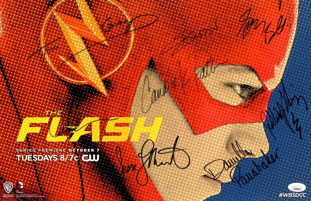 Flash Cast Autographed 11X17 Poster 8 Signatures JSA Certified: Flash Cast Autographed 11X17 Poster 8 Signatures JSA Certified This impressive 11x17 poster features the autographs of the main cast of The Flash, including Grant Gustin, John Wesley Shipp, Jesse L. M