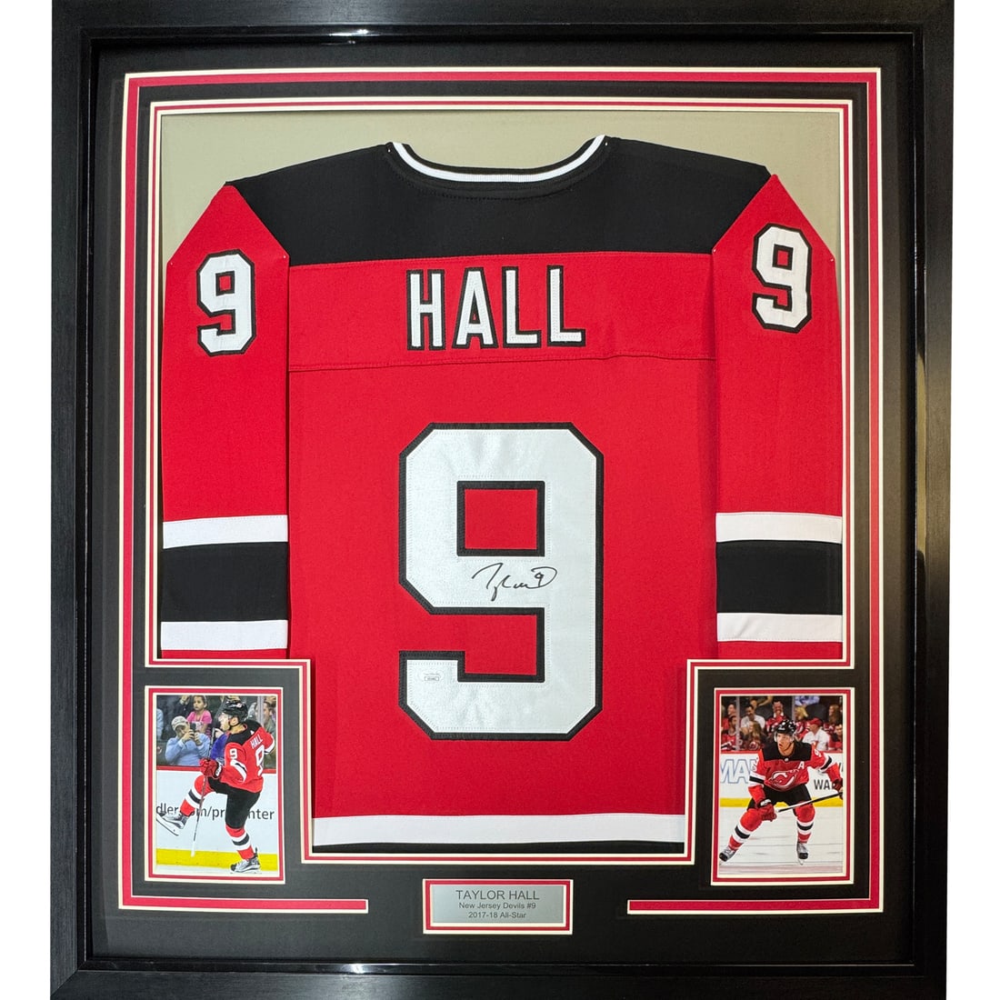 Framed Autographed Taylor Hall New Jersey Devils Jersey with JSA COA: Framed Autographed Taylor Hall New Jersey Devils Jersey with JSA COA This expertly framed autographed Taylor Hall New Jersey Devils hockey jersey is a must-have for any NHL fan. Measuring 35x39 inches