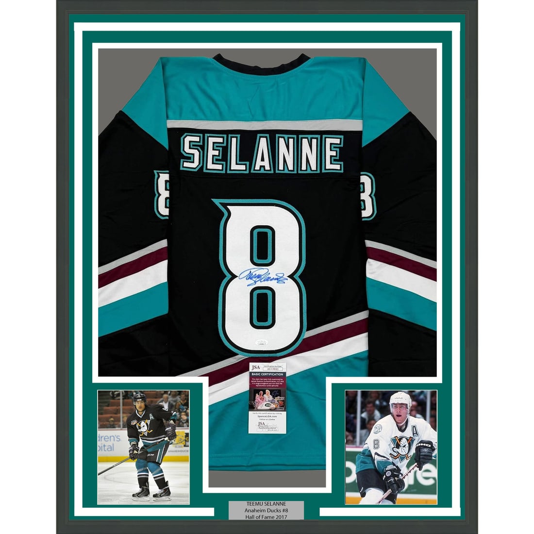 Framed Teemu Selanne Autographed Anaheim Ducks Retro Jersey JSA COA: Framed Teemu Selanne Autographed Anaheim Ducks Retro Jersey JSA COA Celebrate your love for hockey with this professionally framed autographed Teemu Selanne Anaheim Ducks black retro jersey. The jerse