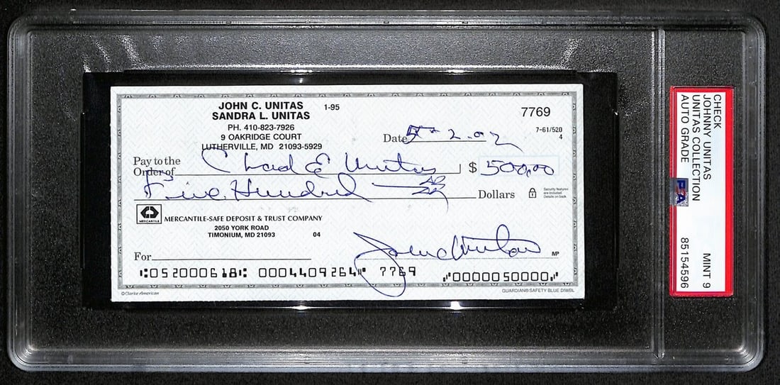Johnny Unitas Signed Check May 2 2002 PSA/DNA MINT 9: Johnny Unitas Signed Check May 2 2002 PSA/DNA MINT 9 This offering features a Johnny Unitas signed cancelled bank check dated May 2, 2002, representing the iconic Baltimore Colts. The check is authent
