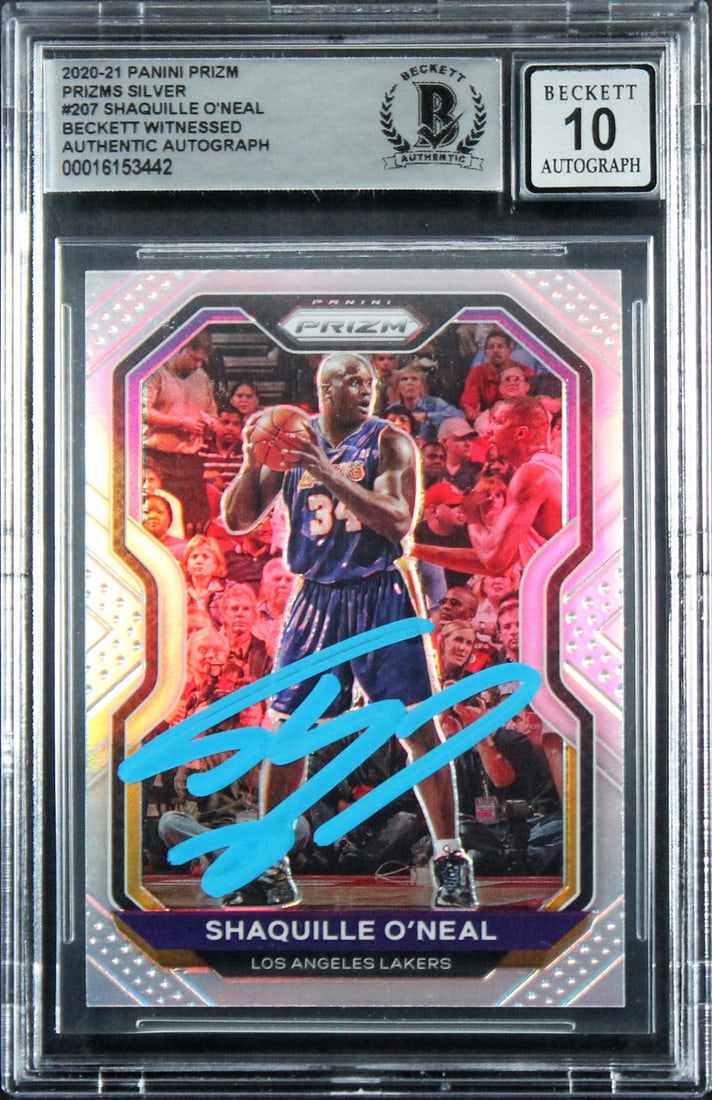 Shaquille O'Neal Signed 2020 Panini Prizm Silver #207 Card Gem Mint 10 Beckett: Shaquille O'Neal Signed 2020 Panini Prizm Silver #207 Card Gem Mint 10 Beckett This is a remarkable 2020 Panini Prizm Silver #207 basketball trading card featuring the legendary Shaquille O'Neal, pers