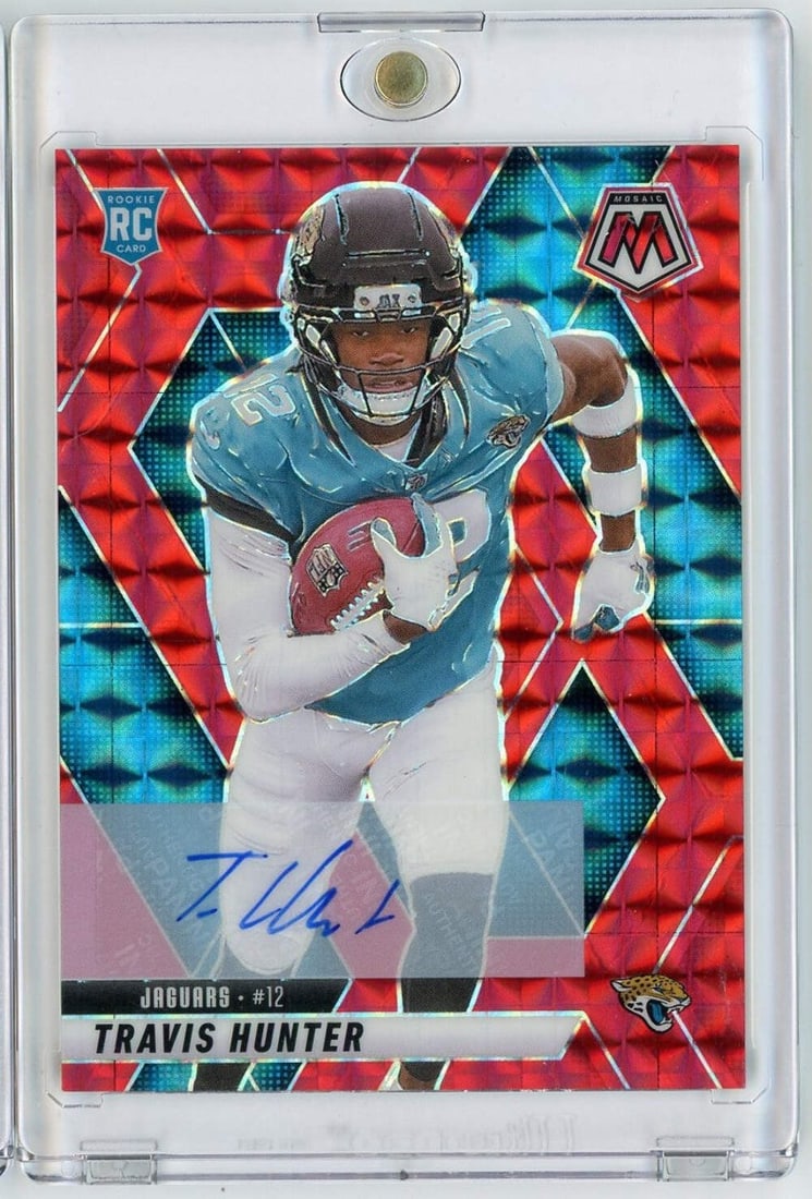 Travis Hunter Rookie Red Mosaic Auto Card 2025 Panini Mosaic #301 Serial 199: Travis Hunter Rookie Red Mosaic Auto Card 2025 Panini Mosaic #301 Serial 199 This is a 2025 Panini Mosaic Travis Hunter #301 Red Mosaic Auto Rookie Football Card, serial numbered out of 199. The card 