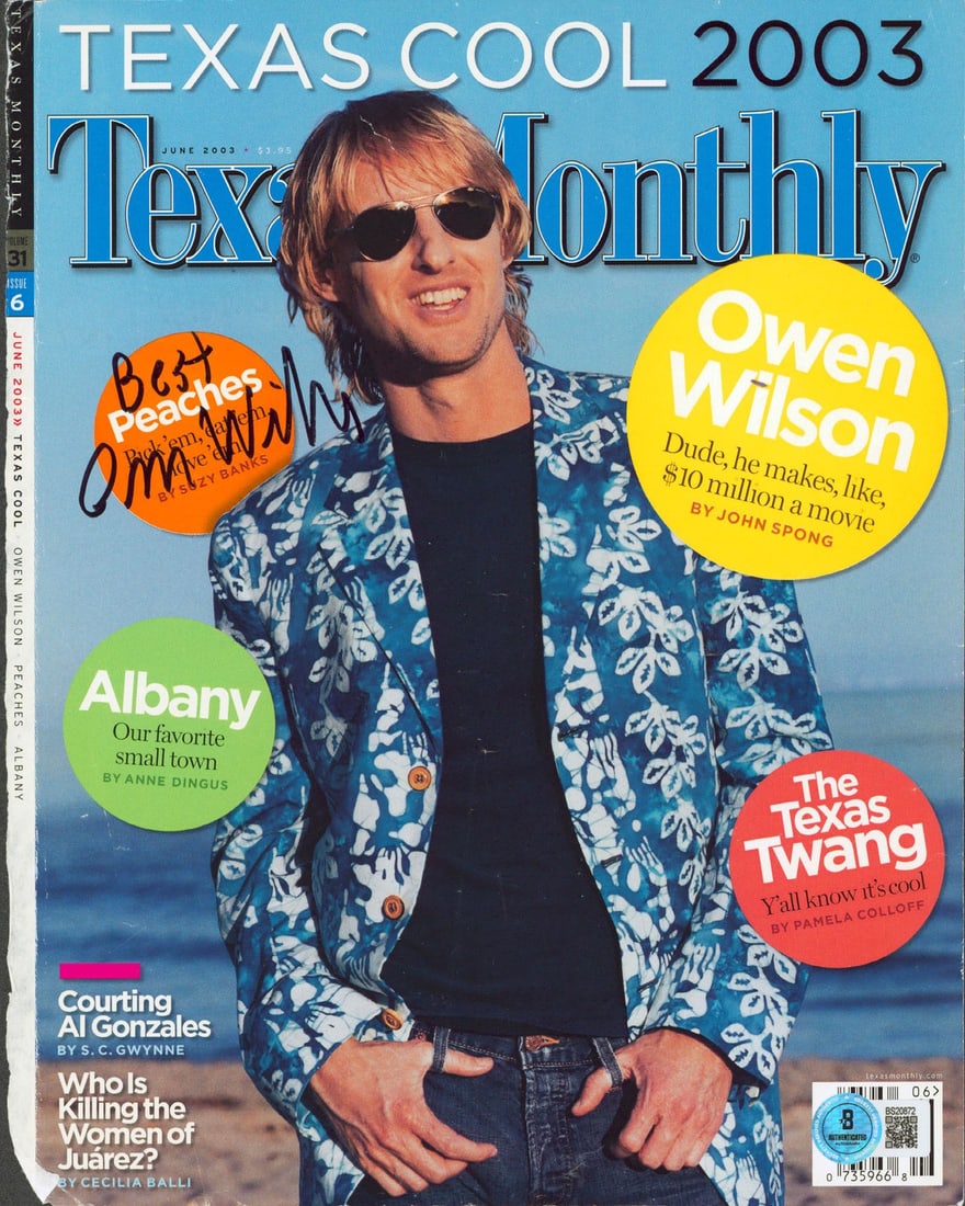 Owen Wilson Signed Texas Monthly Magazine Cover June 2003 Beckett Authenticated (1 of 2)