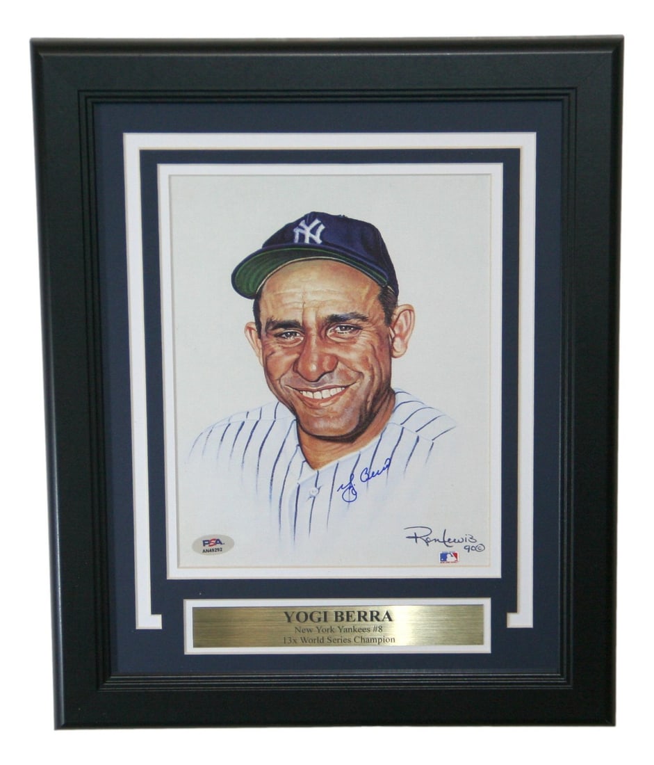 Framed 8x10 Photo Signed by Yogi Berra with PSA Authentication: Framed 8x10 Photo Signed by Yogi Berra with PSA Authentication This framed 8x10 print features an authentic autograph from legendary New York Yankees player Yogi Berra. The photo, captured by Ron Lewi
