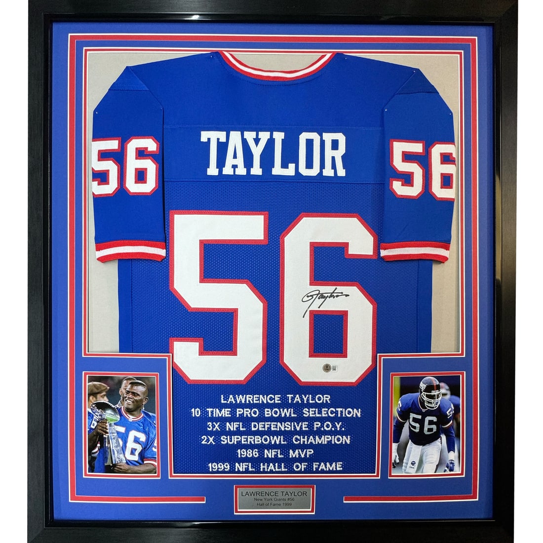 Framed Lawrence Taylor Autographed Jersey with Beckett COA 35x39: Framed Lawrence Taylor Autographed Jersey with Beckett COA 35x39 This professionally framed autographed jersey commemorates NFL legend Lawrence Taylor, featuring his signed New York Giants blue stat j