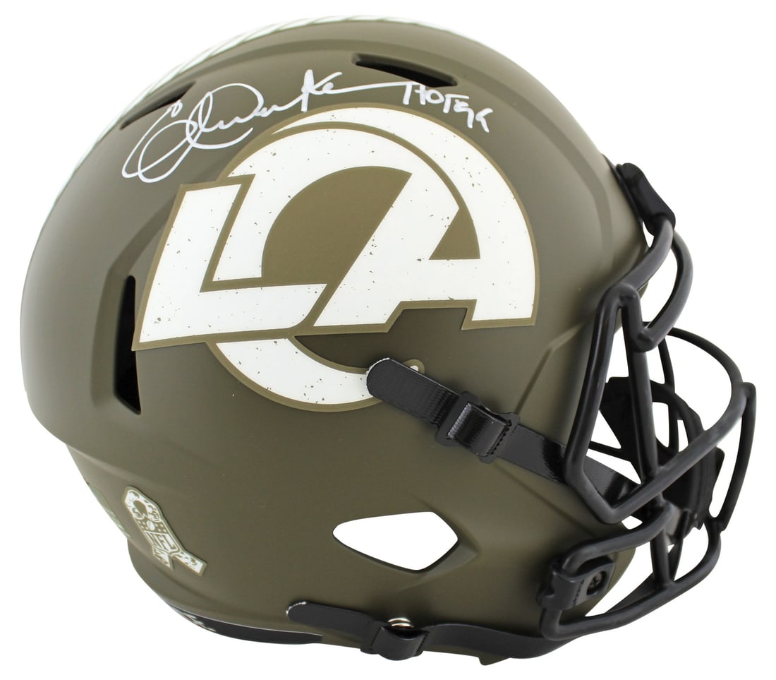 Eric Dickerson Signed Rams Full Size Salute To Service Speed Helmet BAS Witness: Eric Dickerson Signed Rams Full Size Salute To Service Speed Helmet BAS Witness This is an original Riddell full-size Salute To Service Speed replica helmet, personally signed by Eric Dickerson of the