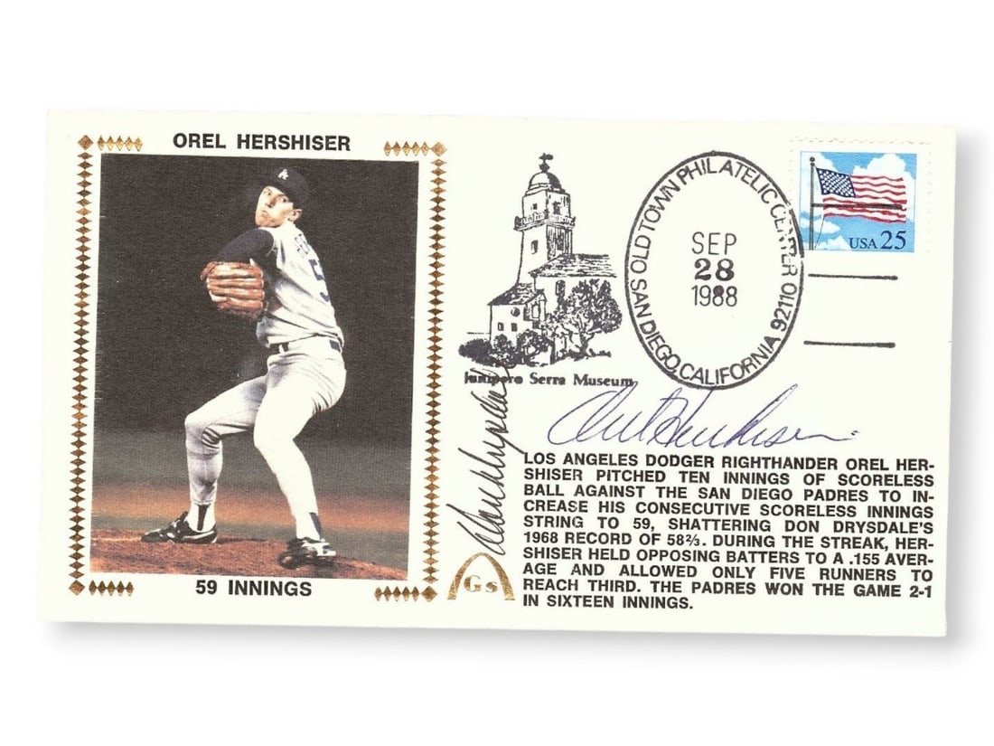 Don Drysdale Orel Hershiser Dual Signed First Day Cover Dodgers JSA: Don Drysdale Orel Hershiser Dual Signed First Day Cover Dodgers JSA This unique First Day Cover features the autographs of baseball legends Don Drysdale and Orel Hershiser, both of whom made significa