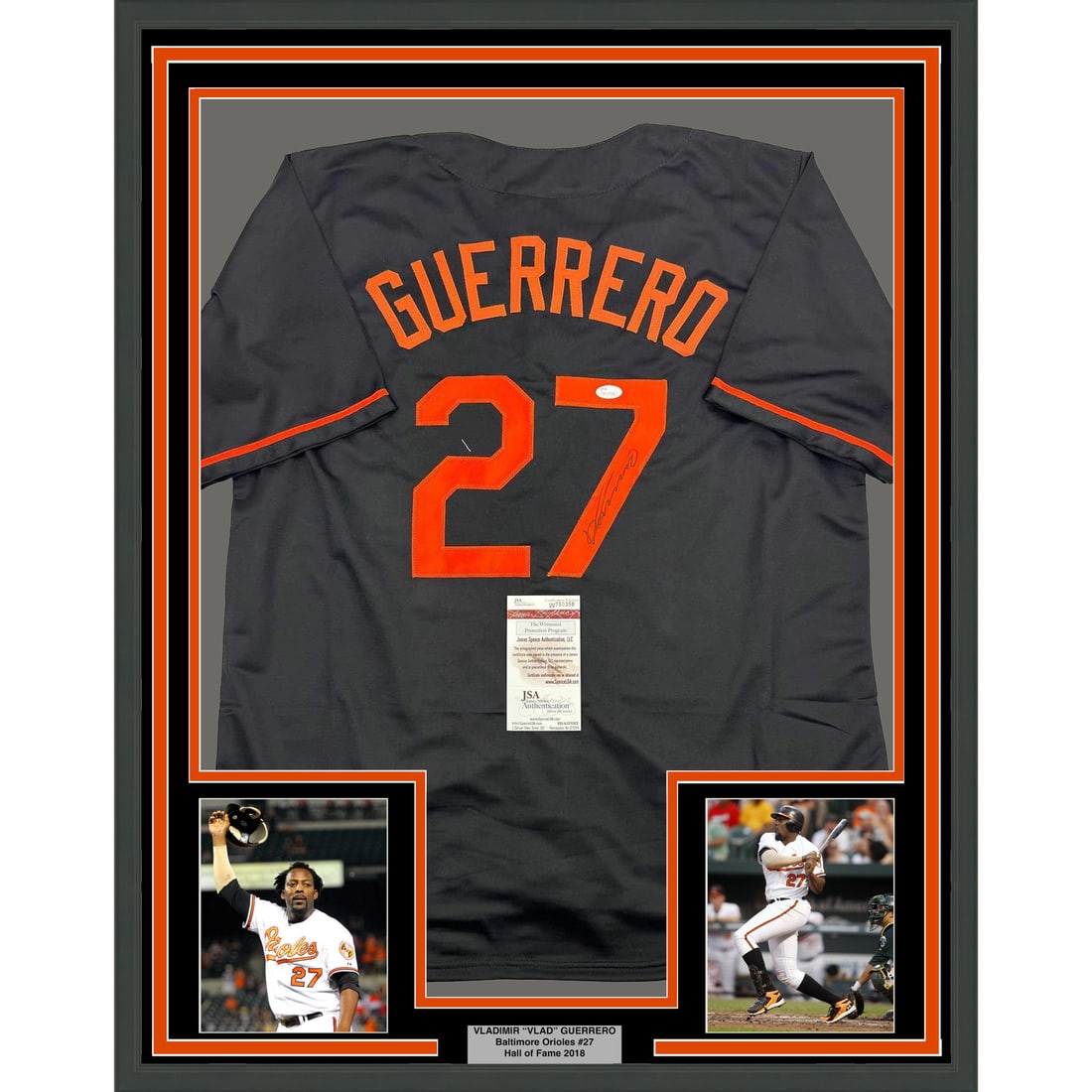Framed Signed Vladimir Guerrero Baltimore Orioles Jersey with JSA COA: Framed Signed Vladimir Guerrero Baltimore Orioles Jersey with JSA COA This stunning framed display features an autographed Baltimore Orioles black jersey signed by the legendary Vladimir Guerrero. The