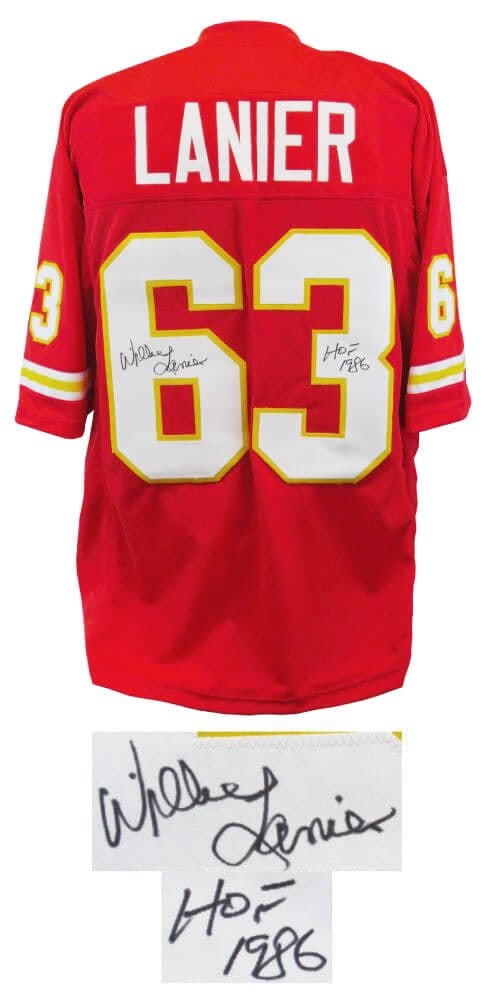 Willie Lanier Signed Chiefs Throwback Jersey HOF 86 with COA: Willie Lanier Signed Chiefs Throwback Jersey HOF 86 with COA Willie Lanier Signed Chiefs Throwback Jersey HOF 86 with COA This red throwback custom football jersey, signed by Hall of Famer Willie Lani