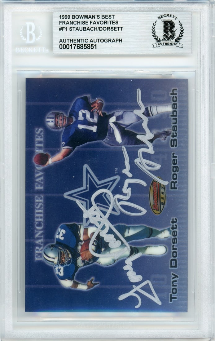 Dual Signed 1999 Franchise Favorites Card Staubach Dorsett Dallas Cowboys: Dual Signed 1999 Franchise Favorites Card Staubach Dorsett Dallas Cowboys This 1999 Bowman's Best Franchise Favorites #F1 sports trading card features Roger Staubach and Tony Dorsett of the Dallas Cow
