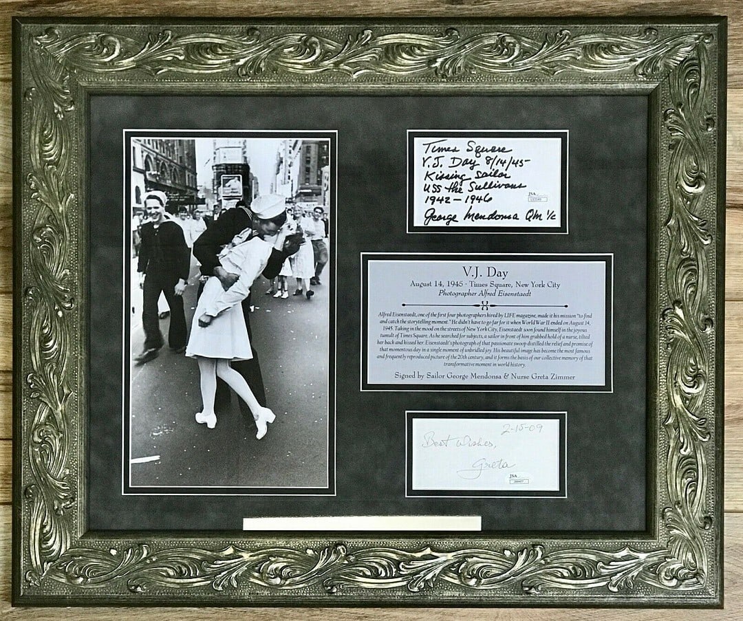 Historic V-J Day Signed Display Sailor Kissing Nurse JSA Authenticated: Historic V-J Day Signed Display Sailor Kissing Nurse JSA Authenticated This stunning custom framed display features the iconic 'V-J Day' moment, showcasing the famous photograph of a sailor kissing a 