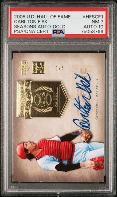 Carlton Fisk 2005 Upper Deck Hall of Fame Gold PSA 10 Auto 1/5: Carlton Fisk 2005 Upper Deck Hall of Fame Gold PSA 10 Auto 1/5 Celebrate the legacy of Hall of Famer Carlton Fisk with this 2005 Upper Deck Hall of Fame Seasons Gold card. This limited edition card, s