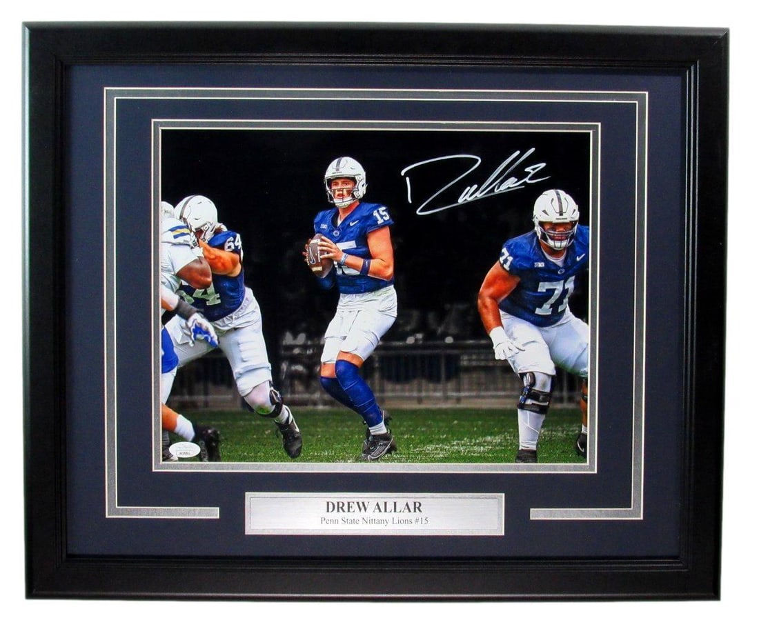 Drew Allar Autographed 11x14 Photo Framed Penn State JSA Certified: Drew Allar Autographed 11x14 Photo Framed Penn State JSA Certified This is a framed 11x14 photo of Drew Allar, signed and authenticated by James Spence Authentication (JSA). The photo features Allar i