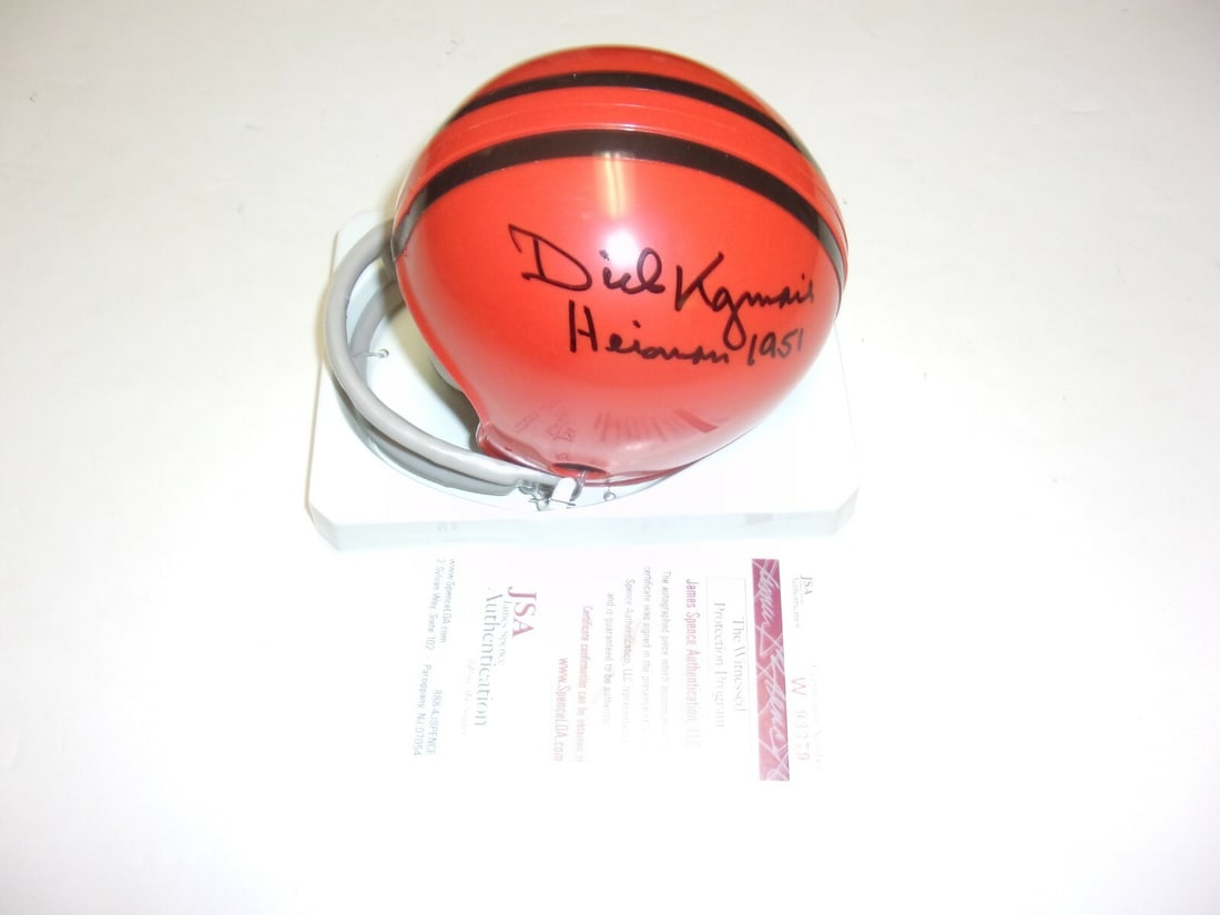Signed Dick Kazmaier Princeton Football Mini Helmet With JSA COA 1951 Heisman: Signed Dick Kazmaier Princeton Football Mini Helmet With JSA COA 1951 Heisman This is a signed mini helmet commemorating Dick Kazmaier, winner of the 1951 Heisman Trophy, from the Princeton Tigers. Th