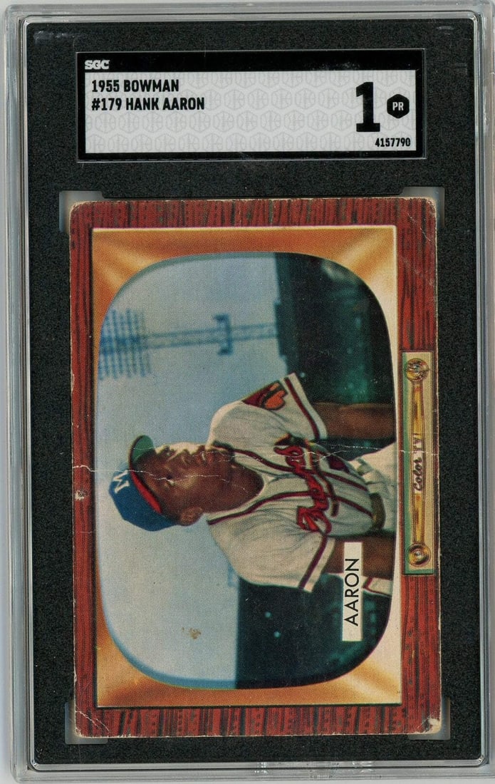 Hank Aaron 1955 Bowman #179 Baseball Card Graded SGC 1 Second Year: Hank Aaron 1955 Bowman #179 Baseball Card Graded SGC 1 Second Year This is an original 1955 Bowman Hank Aaron #179 baseball card, featuring his second year with the Atlanta Braves. The card has been e