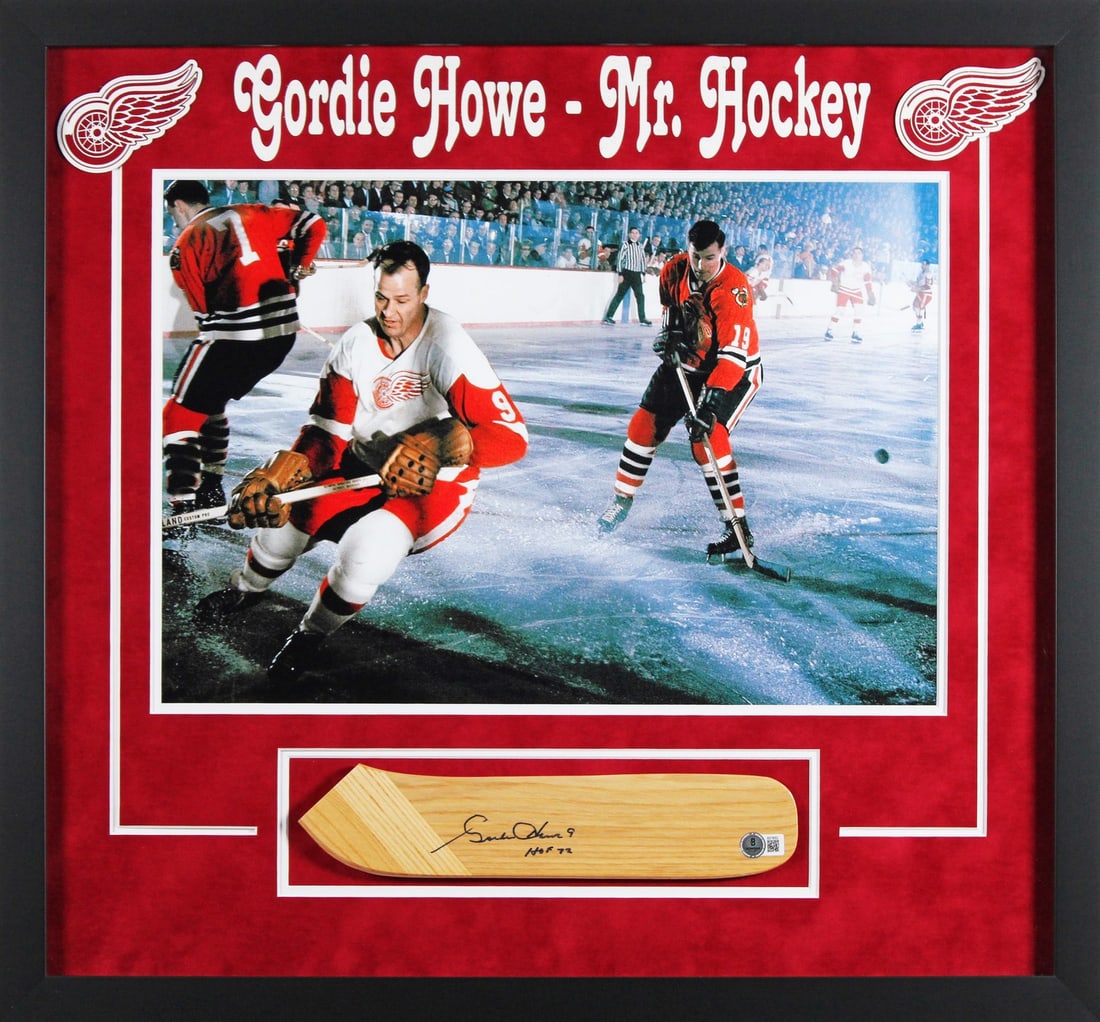 Gordie Howe Signed Detroit Red Wings Framed Stick with HOF 72 Inscription BAS Authenticated: Gordie Howe Signed Detroit Red Wings Framed Stick with HOF 72 Inscription BAS Authenticated This professionally framed display features a hockey stick autographed by Gordie Howe of the Detroit Red Win