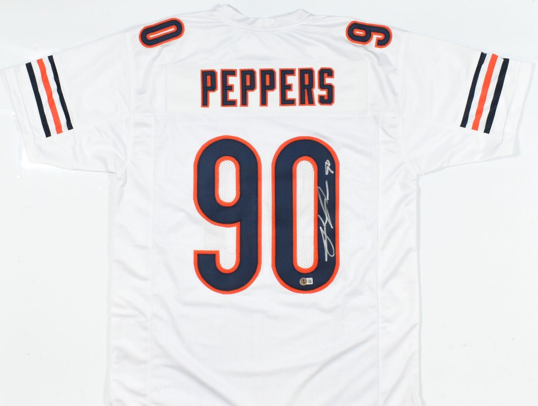 Julius Peppers Signed White Football Jersey Beckett Witness Hologram: Julius Peppers Signed White Football Jersey Beckett Witness Hologram This is a pre-owned white pro style football jersey autographed by Julius Peppers. The jersey features a Beckett W hologram for aut