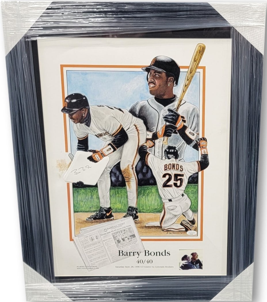 Barry Bonds Autographed Giants Poster Custom Framed 23x29 JSA Authentication: Barry Bonds Autographed Giants Poster Custom Framed 23x29 JSA Authentication This stunning custom framed poster features a hand-signed autograph from baseball legend Barry Bonds, showcasing his iconic