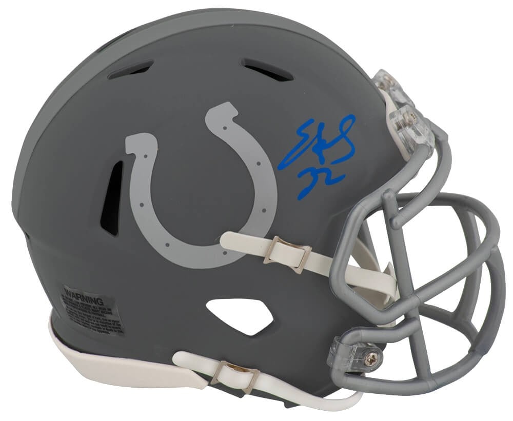 Edgerrin James Signed Colts Mini Helmet with COA: Edgerrin James Signed Colts Mini Helmet with COA This Edgerrin James signed Indianapolis Colts Slate Riddell Speed Mini Helmet is a must-have for any NFL memorabilia collector. The helmet features the