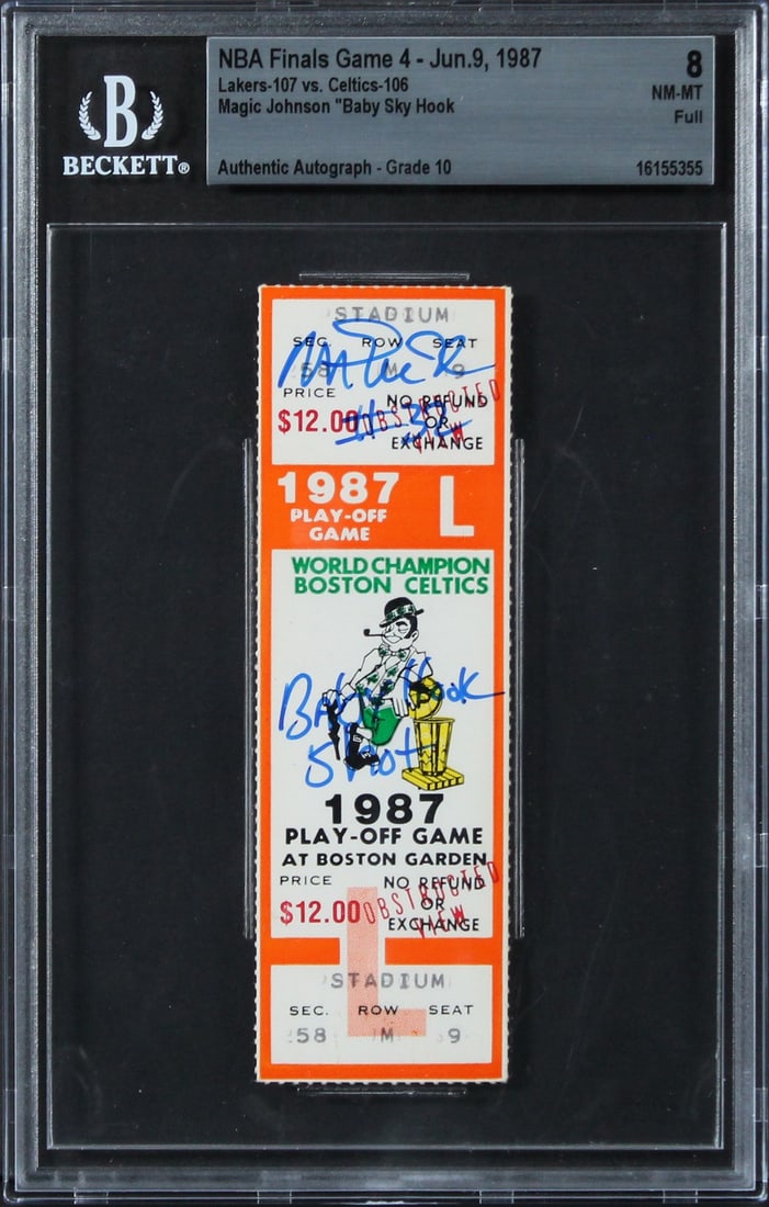 Magic Johnson Autographed 1987 NBA Finals Game 4 Ticket BAS Slab EX-MT 8 Auto 10: Magic Johnson Autographed 1987 NBA Finals Game 4 Ticket BAS Slab EX-MT 8 Auto 10 This is an original ticket stub from Game 4 of the 1987 NBA Finals, played on June 9, 1987, between the Los Angeles Lak