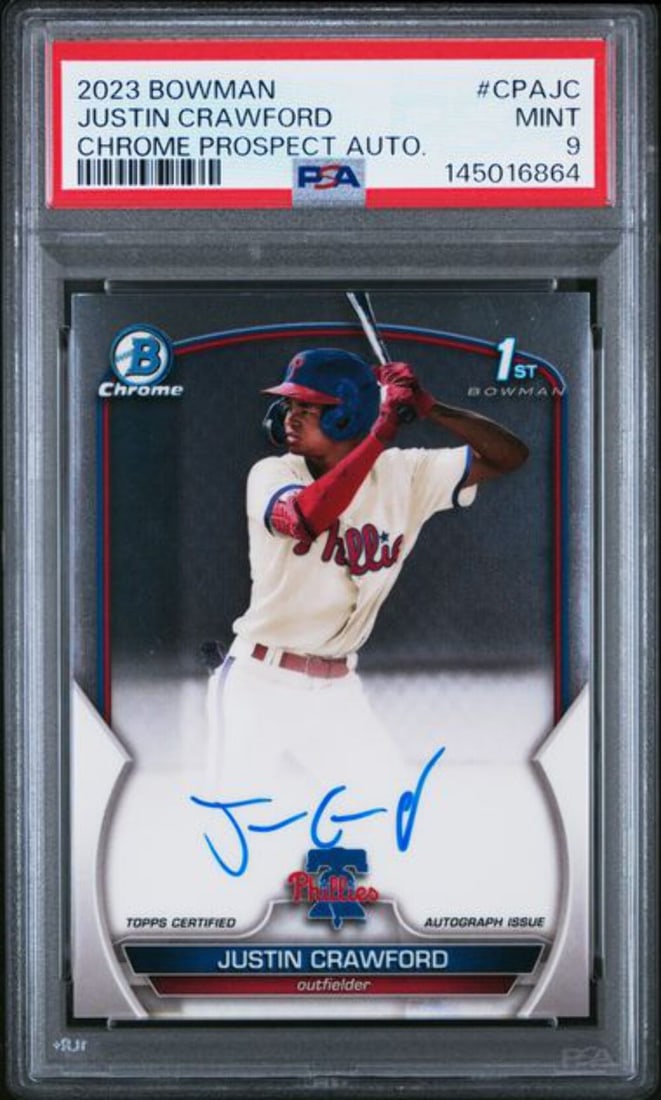 PSA 9 2023 Bowman Chrome Justin Crawford Prospect Auto Rookie Card: PSA 9 2023 Bowman Chrome Justin Crawford Prospect Auto Rookie Card This is an original 2023 Bowman Chrome Justin Crawford #CPAJC Prospect Auto Rookie Card, featuring an authentic autograph from Justin