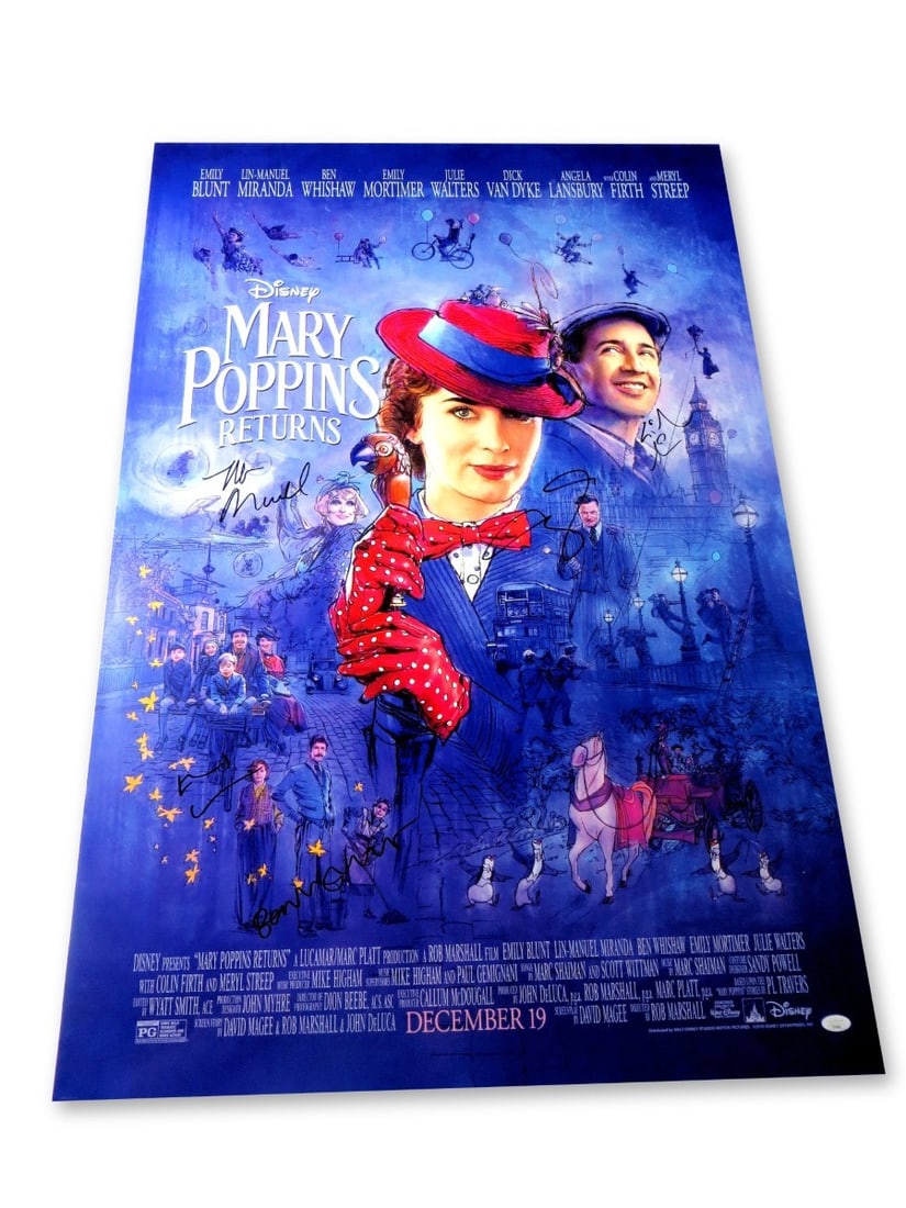 Mary Poppins Returns Cast Signed 27X40 Poster JSA Authenticated: Mary Poppins Returns Cast Signed 27X40 Poster JSA Authenticated This original 27" x 40" poster from "Mary Poppins Returns" features autographs from notable cast members, including Lin-Manuel Miranda, 