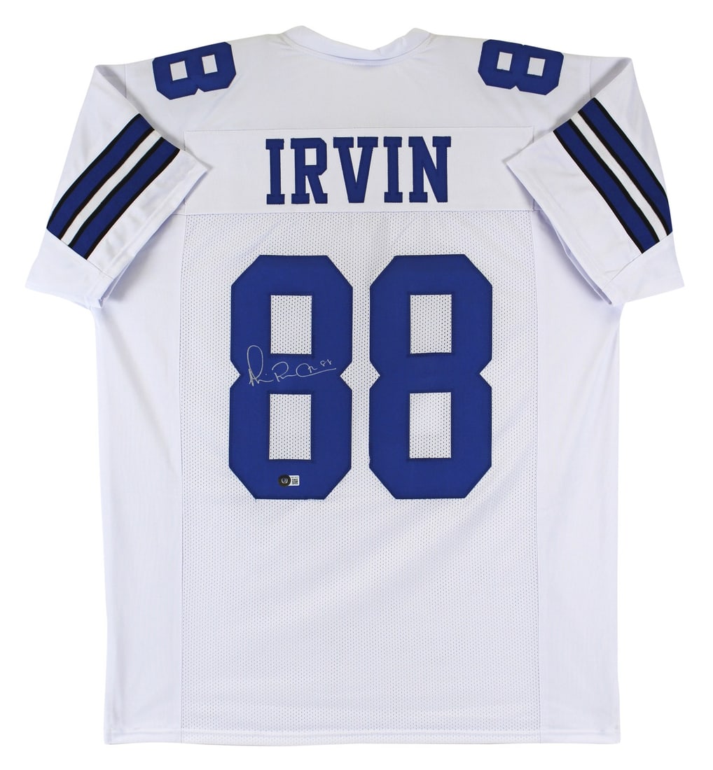 Michael Irvin Signed White Jersey Beckett BAS Witness Dallas Cowboys Autograph: Michael Irvin Signed White Jersey Beckett BAS Witness Dallas Cowboys Autograph This white pro style jersey has been personally signed by Michael Irvin of the Dallas Cowboys. The autograph is authentic