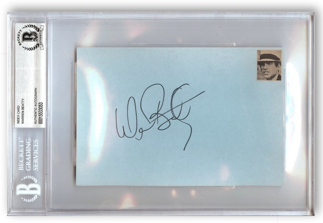 Warren Beatty Signed Index Card Bonnie & Clyde Dick Tracy Beckett Authenticated: Warren Beatty Signed Index Card Bonnie & Clyde Dick Tracy Beckett Authenticated This is an original Warren Beatty signed index card featuring his iconic roles in Bonnie & Clyde and Dick Tracy. The aut