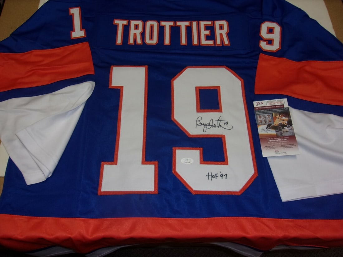 Bryan Trottier New York Islanders Signed Jersey 1997 HOF JSA COA: Bryan Trottier New York Islanders Signed Jersey 1997 HOF JSA COA Celebrate the legacy of hockey with this authentic Bryan Trottier New York Islanders jersey, commemorating his induction into the Hall 
