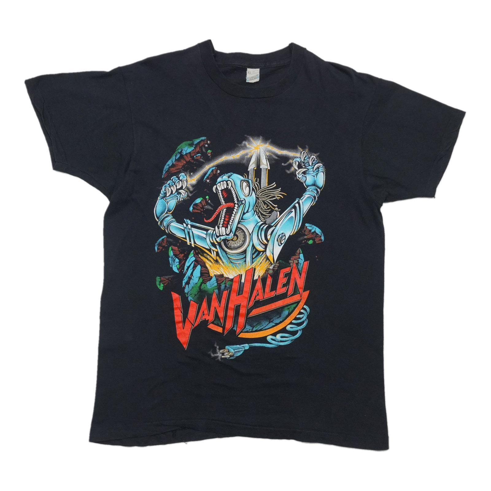 Vintage 1980s Van Halen Black Cotton Graphic Shirt XL: Vintage 1980s Van Halen Black Cotton Graphic Shirt XL This is an original vintage Van Halen "Kick Ass" shirt from the 1980s. Featuring front and back graphics, this authentic shirt is not a modern rep