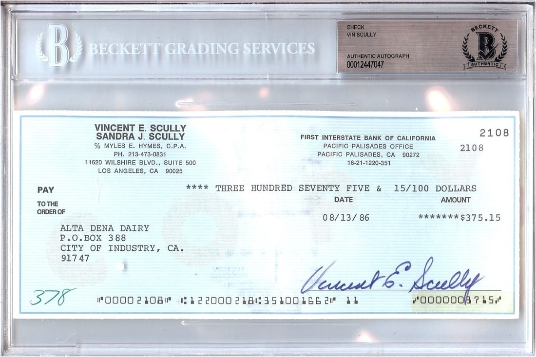 Vin Scully Autographed Personal Check LA Dodgers Beckett Authenticated: Vin Scully Autographed Personal Check LA Dodgers Beckett Authenticated This is an original personal check signed by Vin Scully, the legendary broadcaster of the Los Angeles Dodgers. The autograph has 