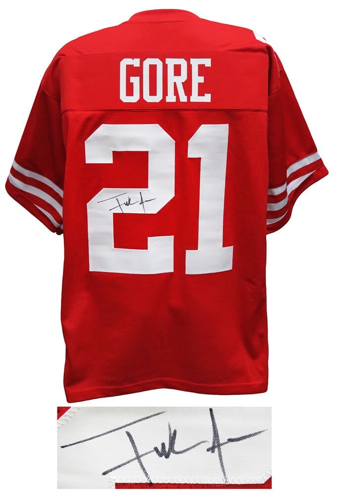 Frank Gore Signed San Francisco 49ers Jersey with COA: Frank Gore Signed San Francisco 49ers Jersey with COA Celebrate NFL history with this authentic Frank Gore signed red custom football jersey from the San Francisco 49ers. This pre-owned jersey is size