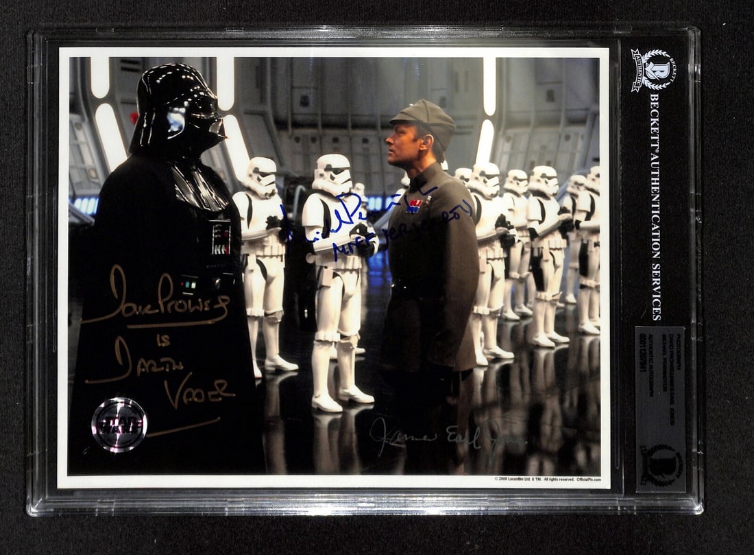 8x10 Star Wars ROTJ Photo Signed by Prowse Jones Pennington Beckett Authenticated: 8x10 Star Wars ROTJ Photo Signed by Prowse Jones Pennington Beckett Authenticated This is an original 8x10 color photograph from Star Wars: Return of the Jedi, signed by David Prowse, James Earl Jones