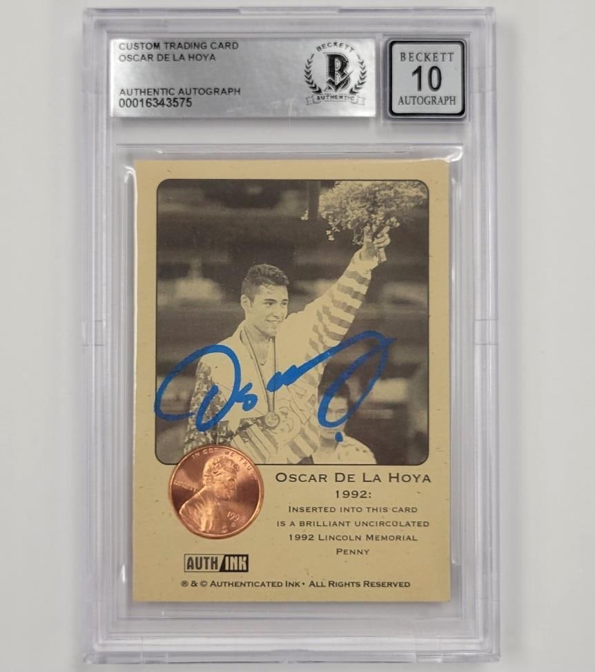 Oscar De La Hoya Signed Authenticated Ink Penny Card BAS 10: Oscar De La Hoya Signed Authenticated Ink Penny Card BAS 10 This Oscar De La Hoya signed authenticated ink penny card is a true gem for boxing enthusiasts and collectors alike. Graded by Beckett with 