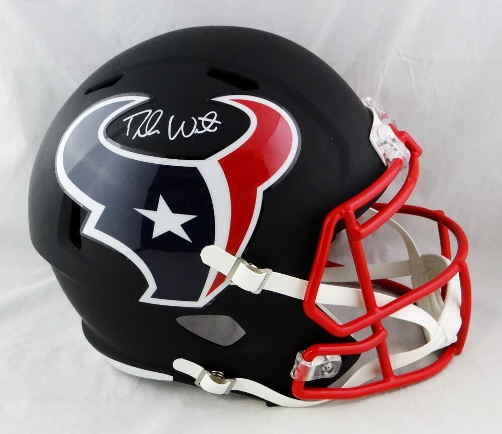 Deshaun Watson Autographed Texans Flat Black Speed Helmet JSA Auth: Deshaun Watson Autographed Texans Flat Black Speed Helmet JSA Auth This is a full-size flat black speed helmet signed by Deshaun Watson, the talented quarterback of the Houston Texans. The helmet feat