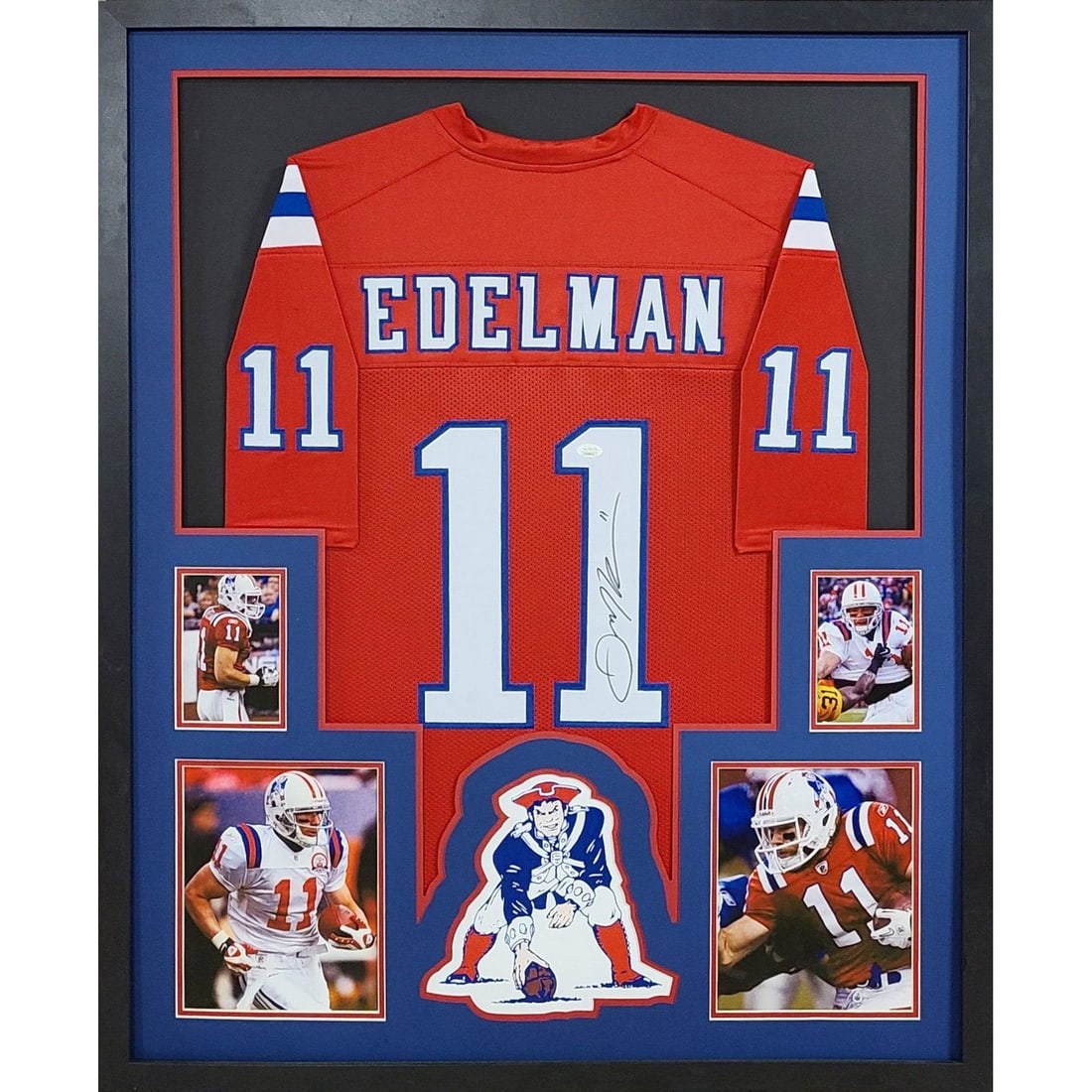 Julian Edelman Autographed Framed Jersey New England Patriots JSA Certified: Julian Edelman Autographed Framed Jersey New England Patriots JSA Certified This autographed Julian Edelman framed jersey is a must-have for any Patriots fan. Authenticated by JSA, a leading name in s