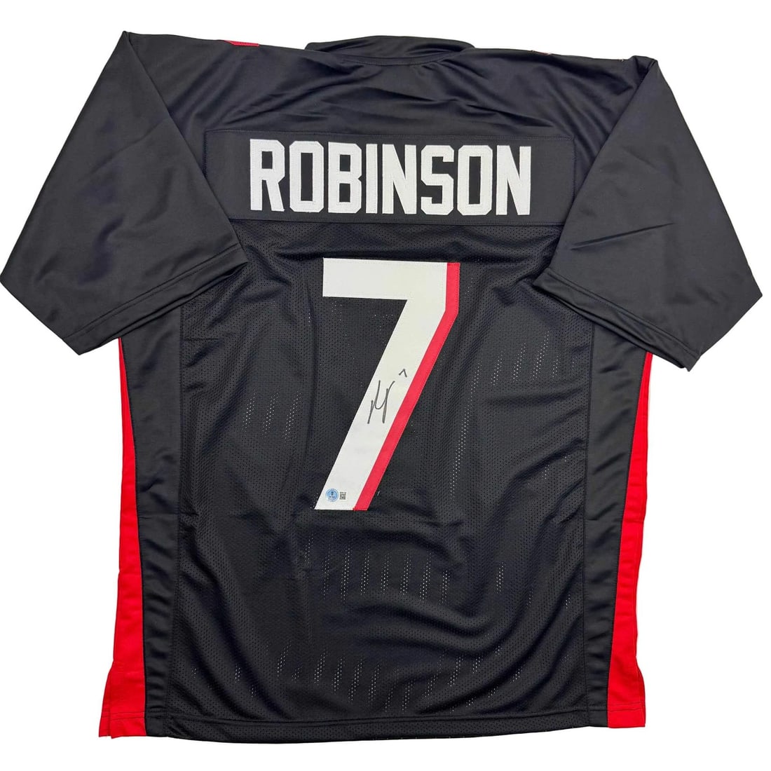 Bijan Robinson Signed Custom Atlanta Black Jersey Beckett Authenticated XL: Bijan Robinson Signed Custom Atlanta Black Jersey Beckett Authenticated XL This is a custom black football jersey autographed by Bijan Robinson, featuring his name and number for the Atlanta team. The