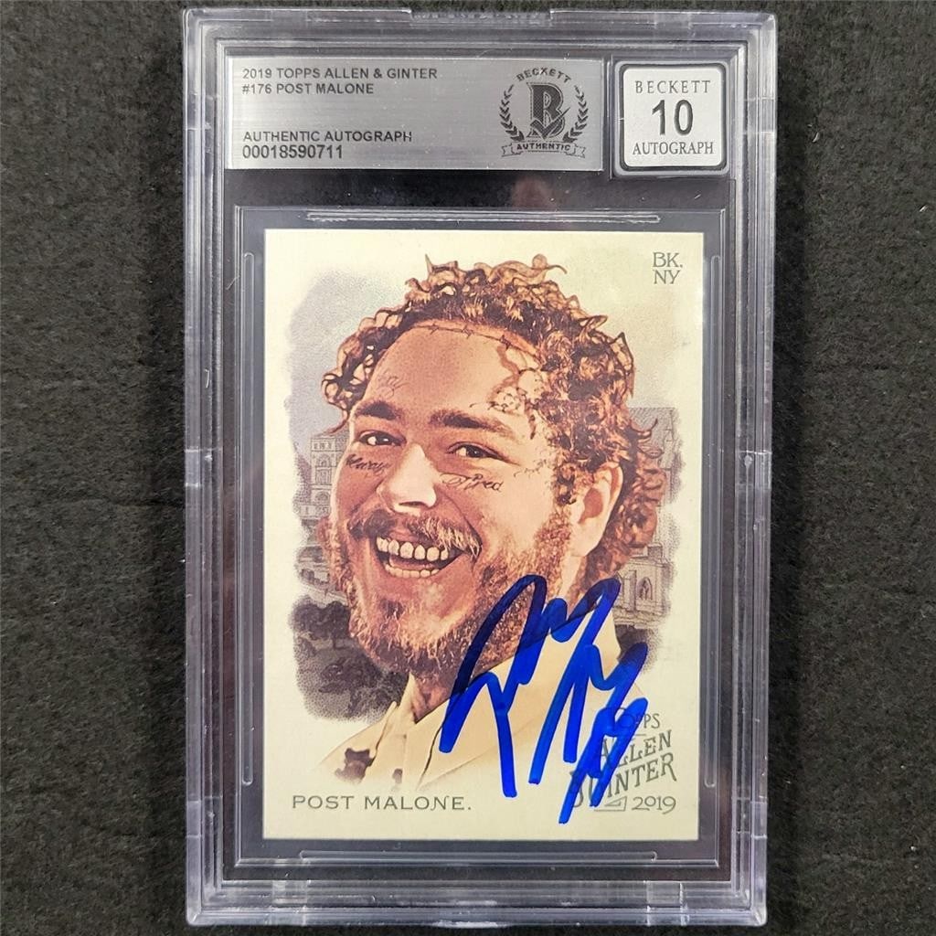 2019 Topps Allen & Ginter Post Malone Autographed Card BAS 10: 2019 Topps Allen & Ginter Post Malone Autographed Card BAS 10 This 2019 Topps Allen & Ginter #176 trading card features the signature of musician Post Malone, making it a unique collectible for fans a