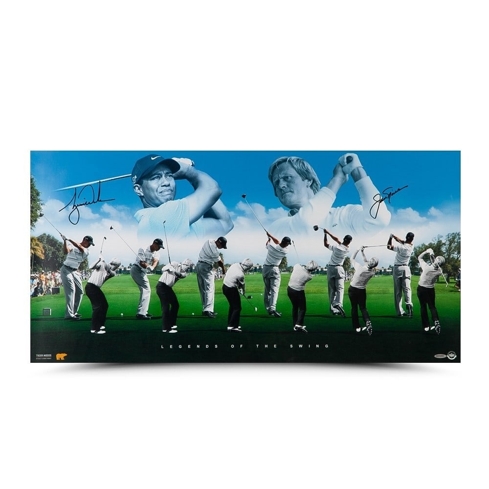 Jack Nicklaus Tiger Woods Dual Signed 18x36 Photo Upper Deck Authenticated: Jack Nicklaus Tiger Woods Dual Signed 18x36 Photo Upper Deck Authenticated This stunning 18x36 photo features dual autographs from golf legends Jack Nicklaus and Tiger Woods, making it a must-have for