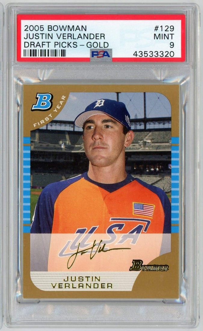 2005 Bowman Draft Picks Gold Justin Verlander Rookie Card PSA 9: 2005 Bowman Draft Picks Gold Justin Verlander Rookie Card PSA 9 This is a graded 2005 Bowman Draft Picks Gold Justin Verlander #BDP129 Rookie Card, achieving a grade of 9 from Professional Sports Auth