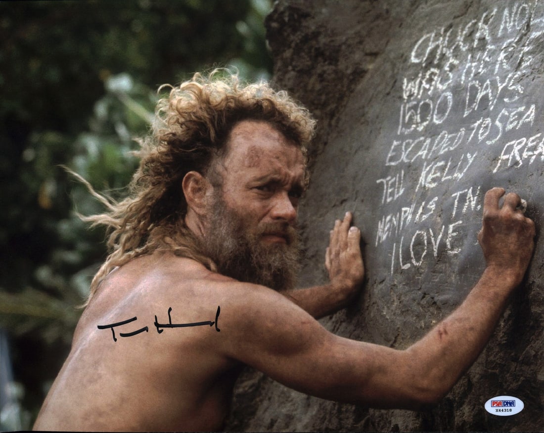 Tom Hanks Castaway Autographed 11x14 Photo PSA/DNA Certified: Tom Hanks Castaway Autographed 11x14 Photo PSA/DNA Certified This authentic autographed 11x14 photograph features Tom Hanks in his iconic role from the movie Castaway. The signature has been personall