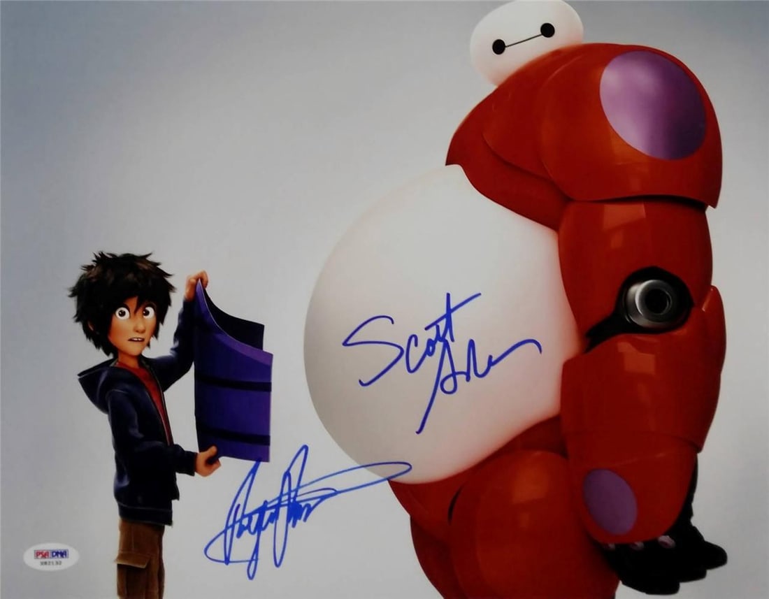 Disney Big Hero 6 11x14 Photograph Signed by Scott Adsit and Ryan Potter PSA: Disney Big Hero 6 11x14 Photograph Signed by Scott Adsit and Ryan Potter PSA This is an original 11x14 photograph from Disney's Big Hero 6, signed by Scott Adsit and Ryan Potter. The photo features Hi