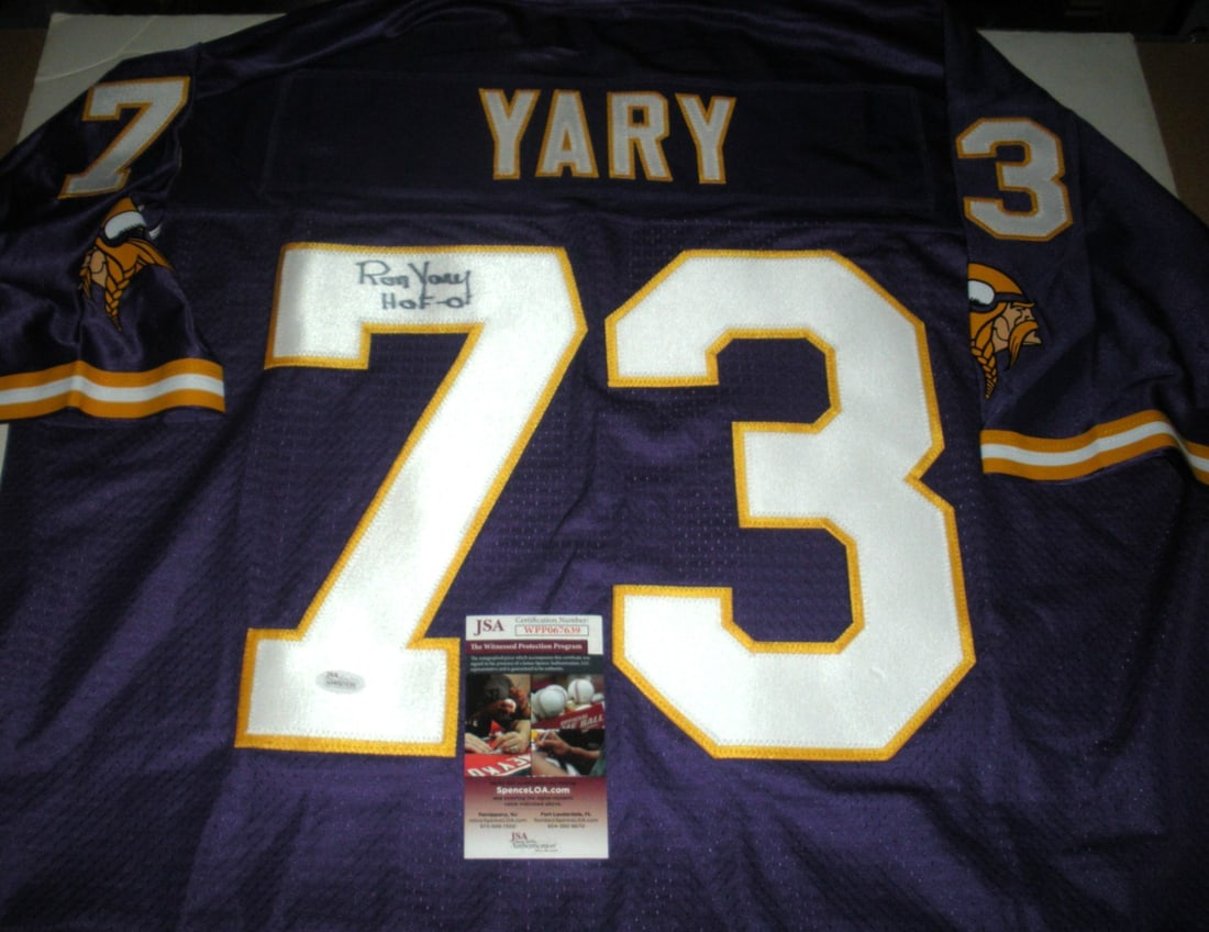 Ron Yary Minnesota Vikings Signed Proline Jersey JSA COA: Ron Yary Minnesota Vikings Signed Proline Jersey JSA COA This officially licensed Proline jersey, representing the Minnesota Vikings, is signed by Hall of Famer Ron Yary, making it a valuable collecti
