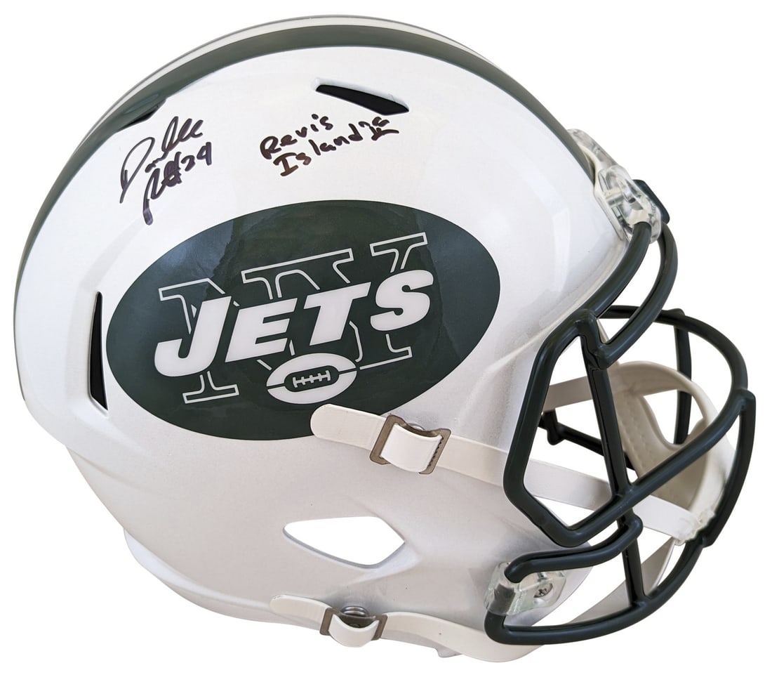 Darrelle Revis Signed Jets Full Size Helmet with Revis Island Inscription BAS Authenticated: Darrelle Revis Signed Jets Full Size Helmet with Revis Island Inscription BAS Authenticated This authentic New York Jets full-size speed replica helmet has been personally signed by Darrelle Revis, fe