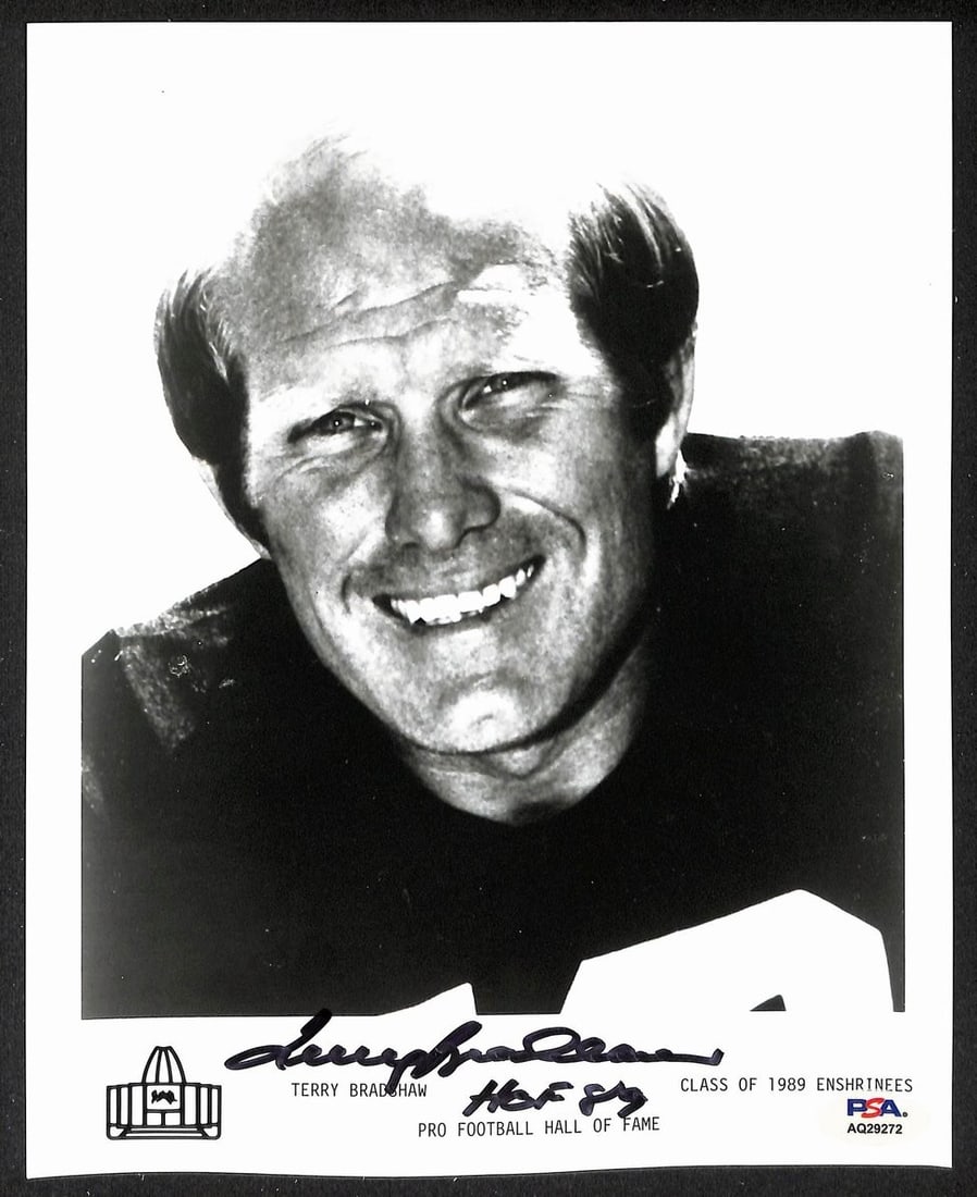 Terry Bradshaw Autographed 8x10 Pro Football Hall of Fame Photo PSA DNA Certified: Terry Bradshaw Autographed 8x10 Pro Football Hall of Fame Photo PSA DNA Certified This is an original 8x10 official Pro Football Hall of Fame photo signed and inscribed "HOF 89" by Terry Bradshaw. The