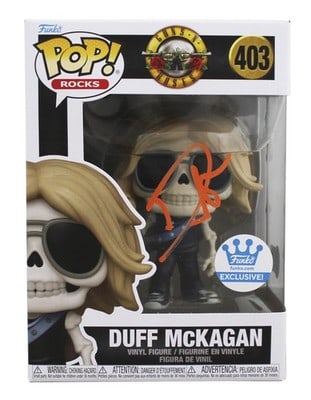 Beckett authenticated Duff McKagan signed Funko Pop #403: Beckett authenticated Duff McKagan signed Funko Pop #403 This pre-owned Duff McKagan #403 Funko Pop Vinyl Figure features an orange signature personally signed by Duff McKagan of Guns N' Roses. Each f