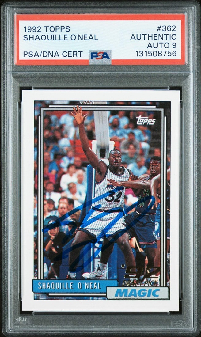 PSA 9 Graded Shaquille O'Neal 1992-93 Topps Rookie Card with Auto: PSA 9 Graded Shaquille O'Neal 1992-93 Topps Rookie Card with Auto This is a 1992-93 Topps Shaquille O'Neal #362 Rookie RC card that has been professionally graded and authenticated by Professional Spo